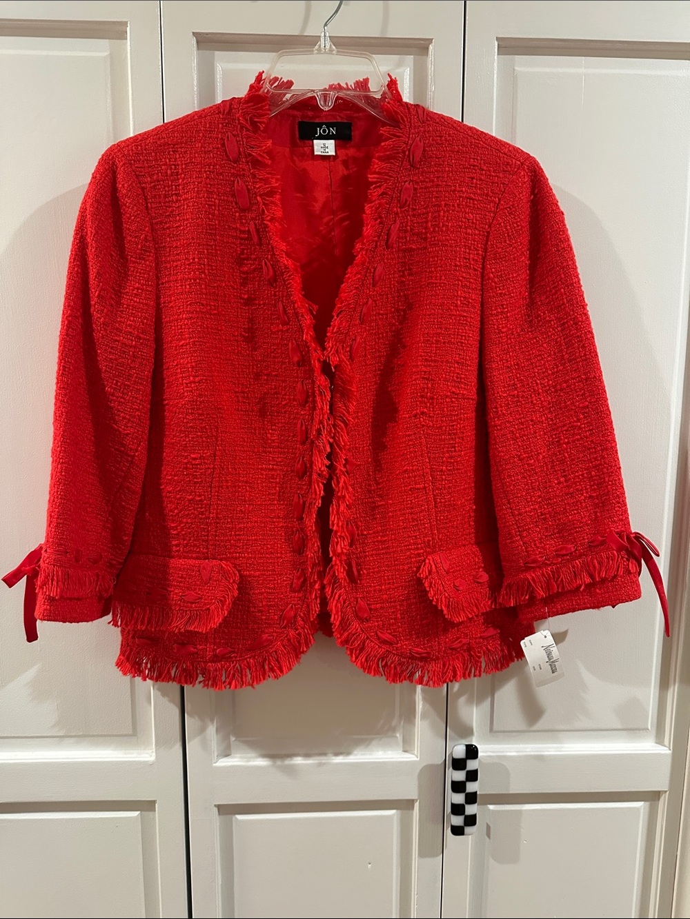 JÔN Vibrant Red Tweed Collarless Jacket with Fringed Trim & Sleeve Ties, Size 12